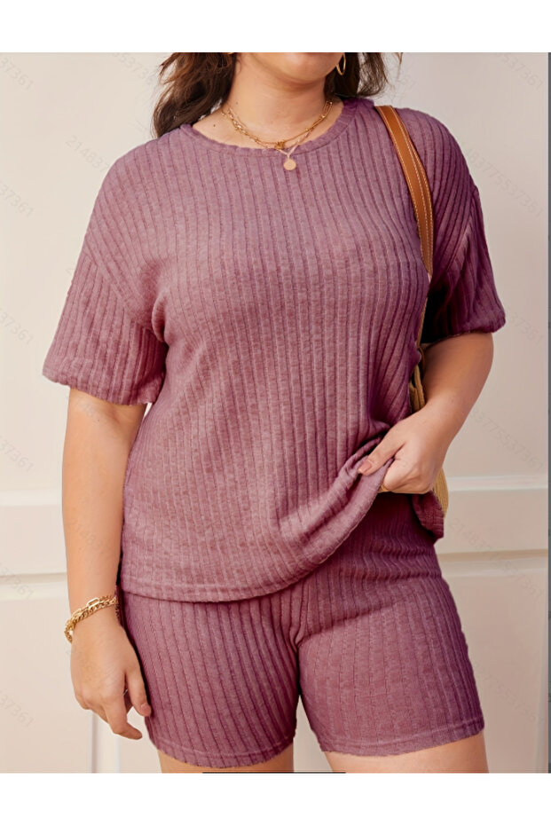 Plus Size Burgundy Ribbed Short Sleeve Top and Shorts Pyjama Set