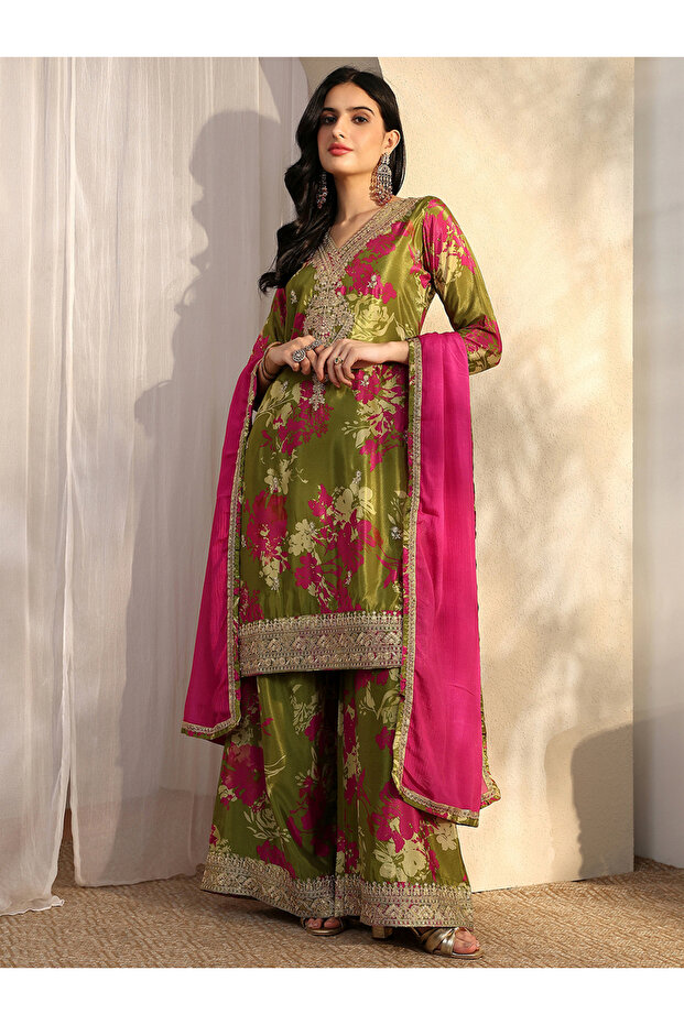 Green Printed Chinon Straight Kurta, Palazzo And Dupatta Set