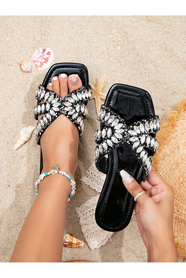 Black Flat Sandals with Embellished Straps
