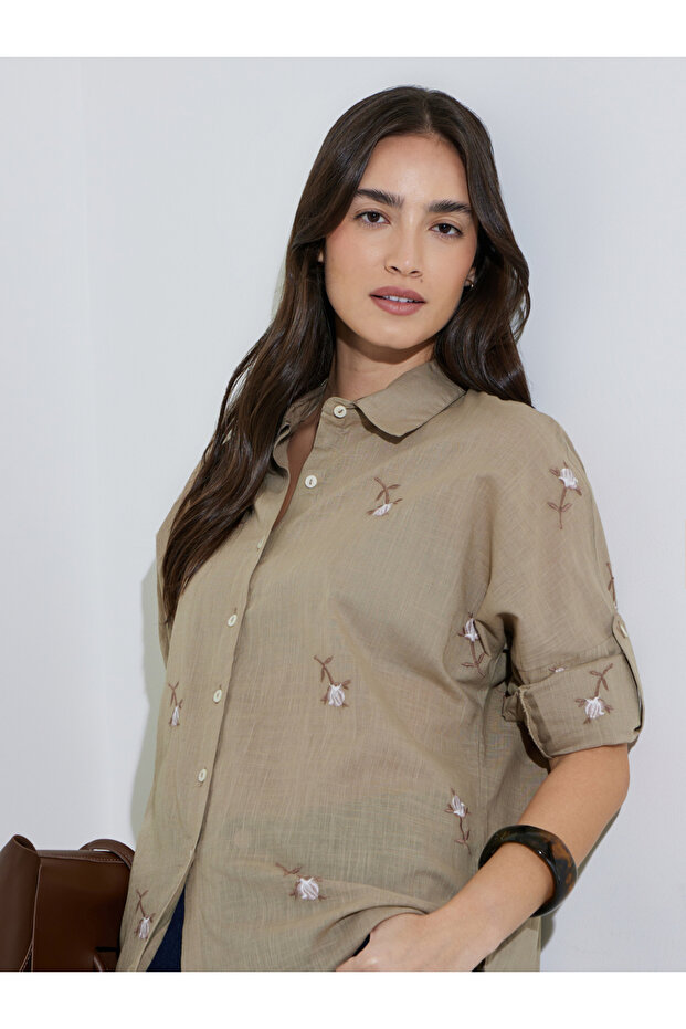 Beige Floral Embroidery Long Sleeves Shirt