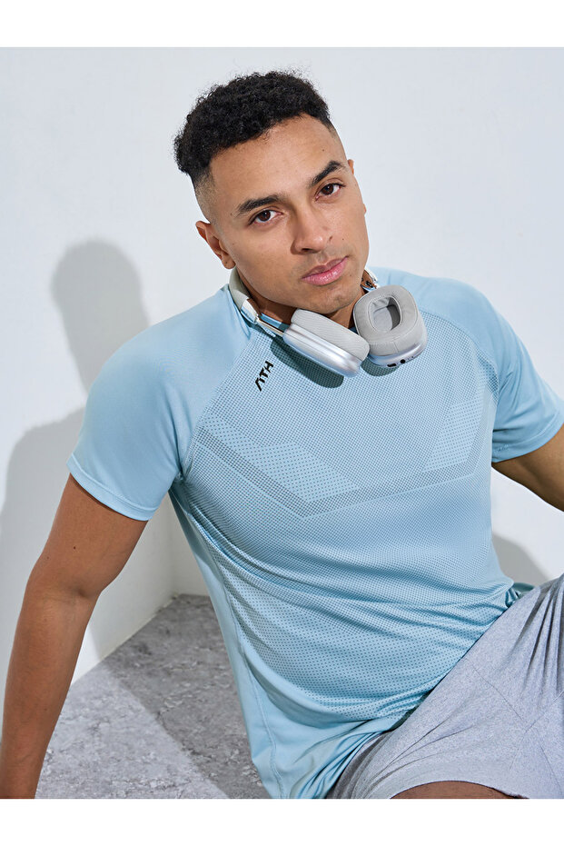 Blue Printed Short Sleeves Activewear T-Shirt