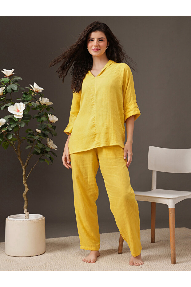 Yellow Textured Button Details Top and Pants Pyjama Set
