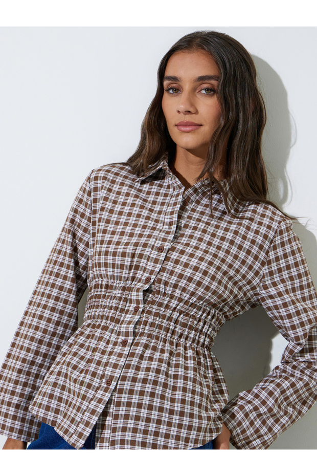 Brown Checked Waist Long Sleeves Shirred Shirt