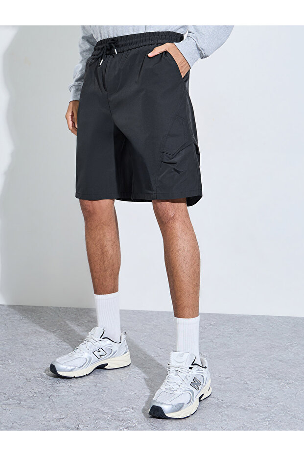 Black Solid Drawstring Cargo Shorts