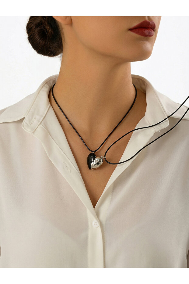 Set of 2 - Couple Heart Pendant Necklace with Magnetic Leather Cords