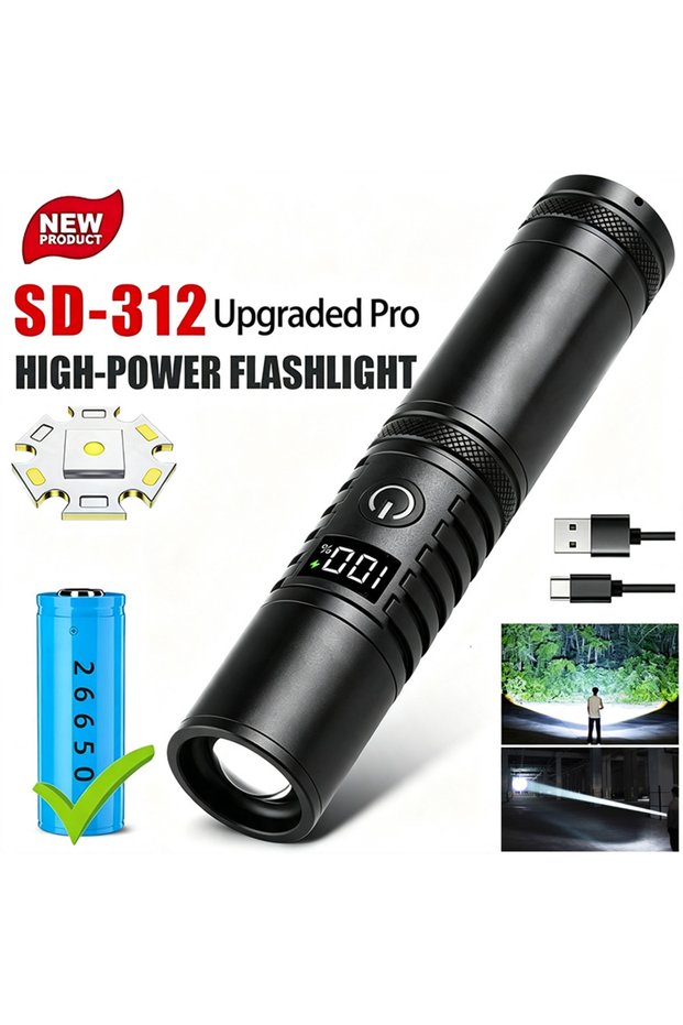 ZOOM black Material Upgrade High Power Spotlight Long Range LED Flashlight With Power Type-C Chargin