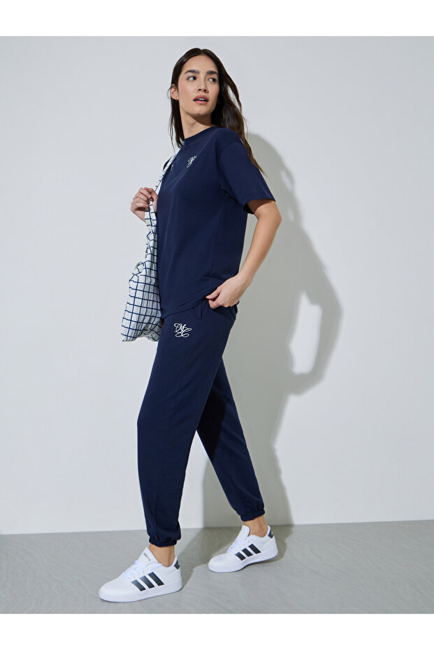 Navy Blue Graphic Print Cuffed Hem Tapered Fit Joggers