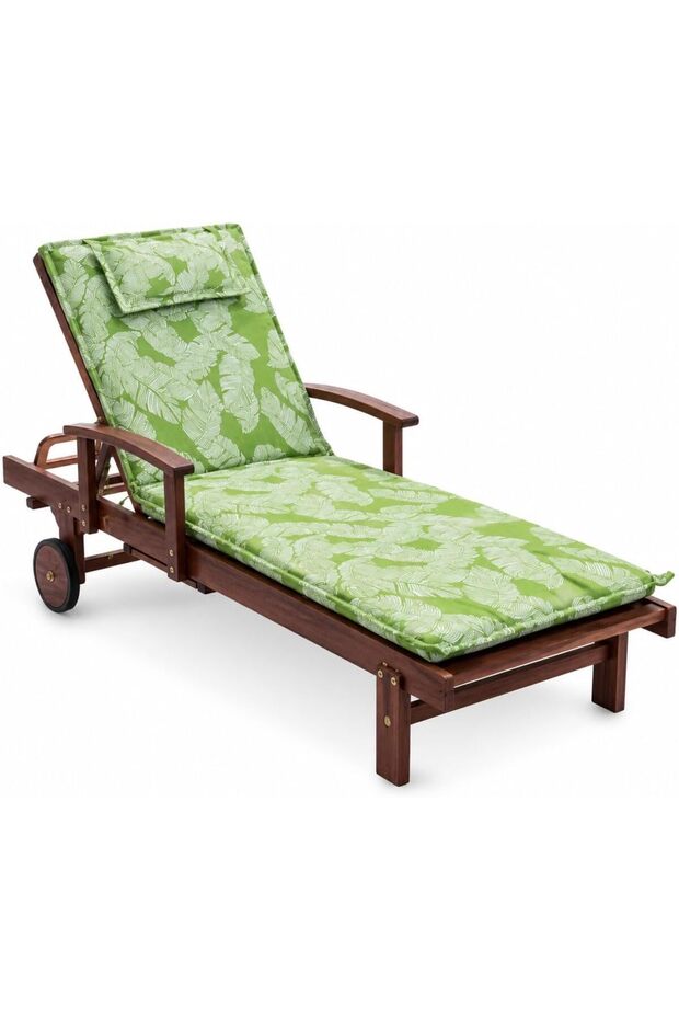 Wooden Sun Lounger Chair with Green Leaf Cushion |