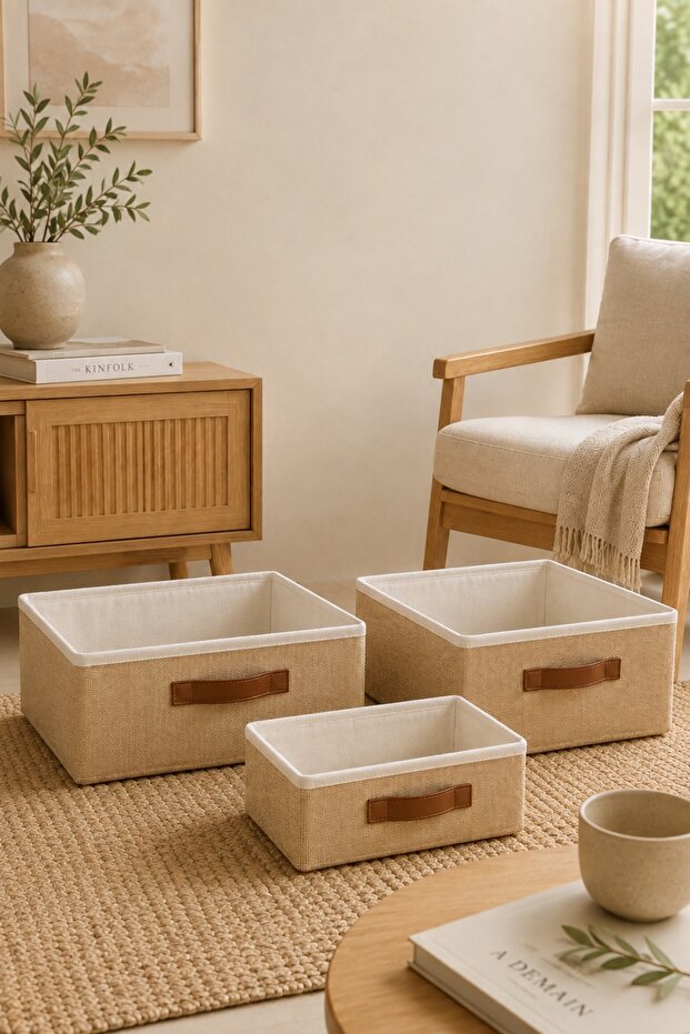 3-Piece Lidless Jute Organizer Set S + 2m Size Closet Shelf Bathroom Textile Organizer Storage Box