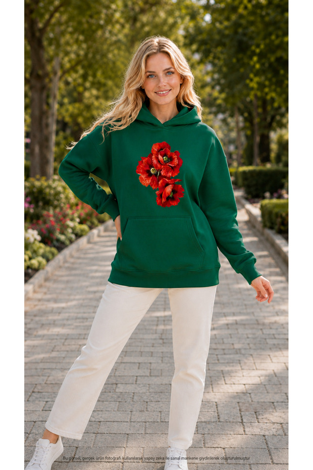 Women's Three Red Poppy Printed Hooded Casual Basic Sweatshirt with Kangaroo Pocket