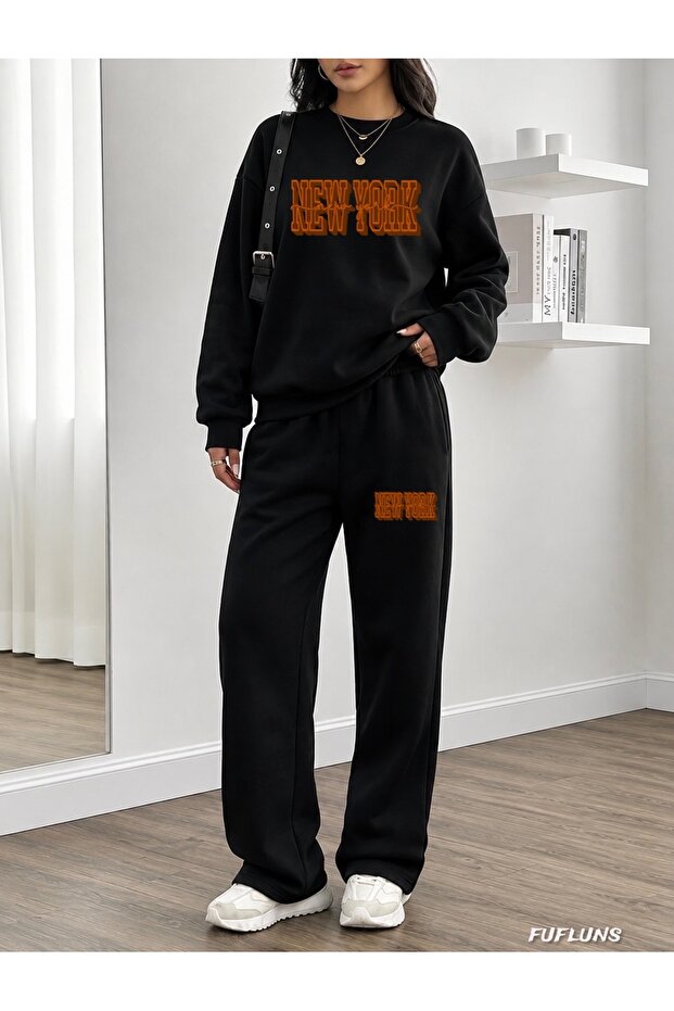 New York Printed Women's Cropped Crewneck Bottom/Top Sweat Suit