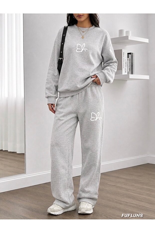 Small Butterfly Printed Women's Cropped Crewneck Bottom/Upper Track Suit Set