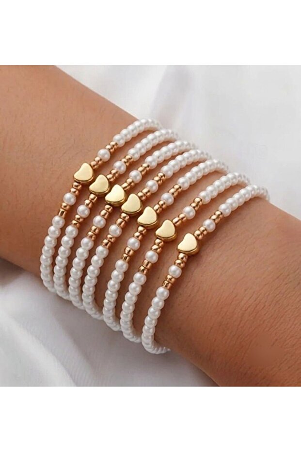 Elegant Pearl Beaded Heart Figured Model Women's Bracelet Set 7 Pieces