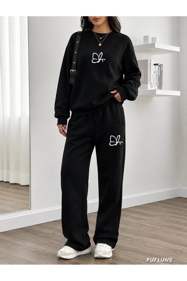 Small Butterfly Printed Women's Cropped Crewneck Bottom/Upper Track Suit Set