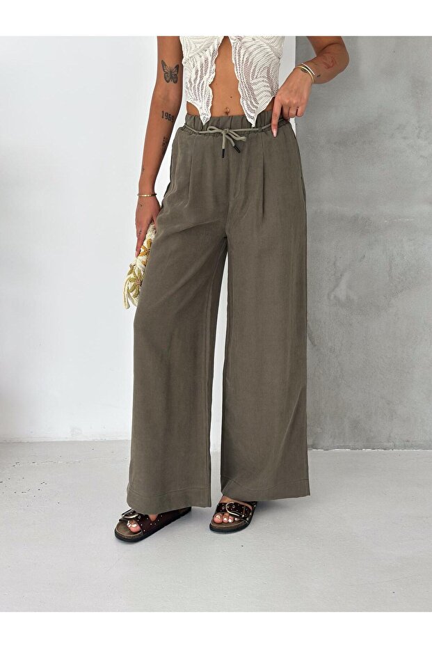 Gabardine Slim Belted Elastic Waist Trousers