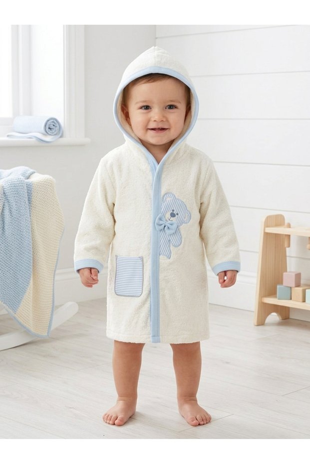 Blue 100% Cotton Patterned 5-Piece Soft Terry Cloth Baby Bathrobe Bath Set 0-2 Years (Bathrobe Bath Towel Washcloth Belt Slippers)