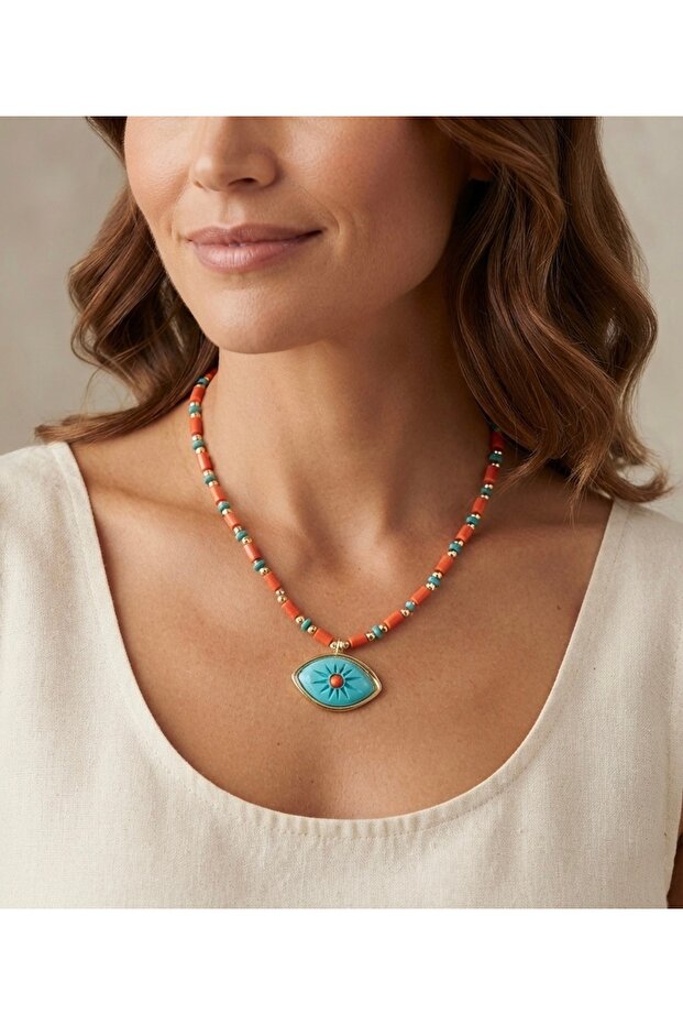 Natural Coral Beaded and Turquoise Sun Evil Eye Pendant