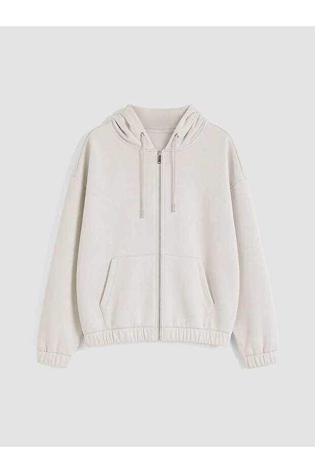 Beige Hooded Soft Touch Women's Zippered Sweatshirt