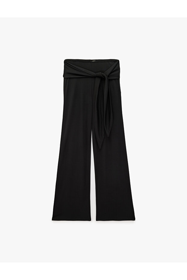 Normal Waist Modal Fabric Wide Leg Trousers with Tie Waist