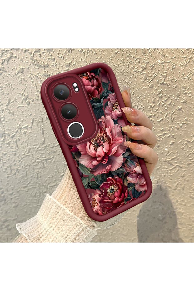 Vivo Y19S 4G/Y19S Pro Compatible Stylish Burgundy Frame Nostalgic Peony Pattern Daily Use Case