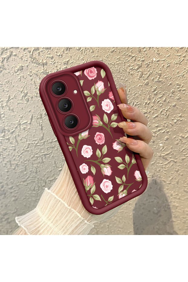 Samsung Galaxy S25 Fe Compatible Burgundy Background Rose Flower Pattern Soft Silicone Case