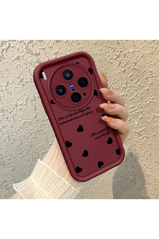 Vivo X300 Compatible Maroon Color Simple Heart English Sentence Pattern Shockproof Silicone Case