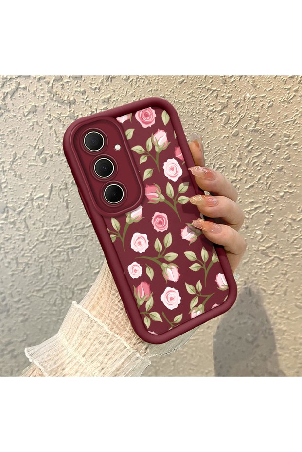 Samsung Galaxy A35 Compatible Soft Silicone Shockproof Case with Burgundy Background Rose Flower Pattern