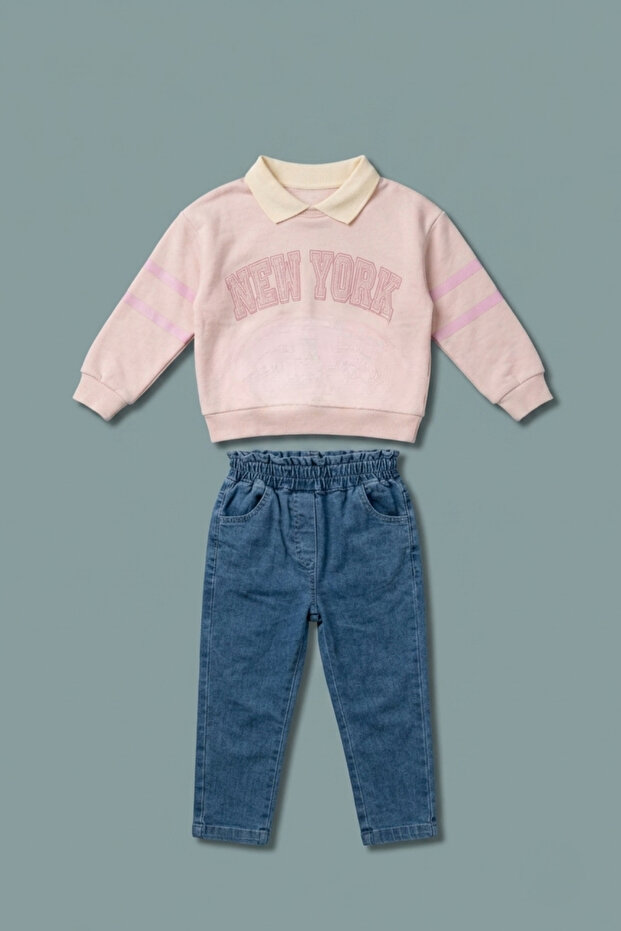 Girl's Polo Collar Sweatshirt and Jean Pants Set