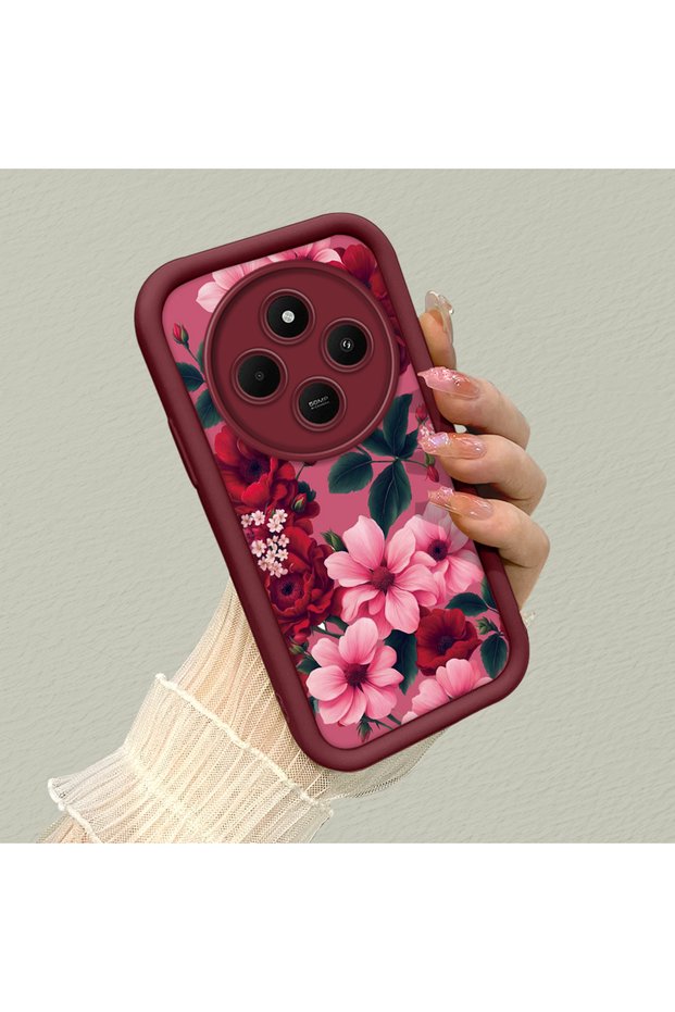 Redmi 14C 4G/5G Compatible Pink Ground Vivid Color Flower Pattern Shockproof Silicone Case