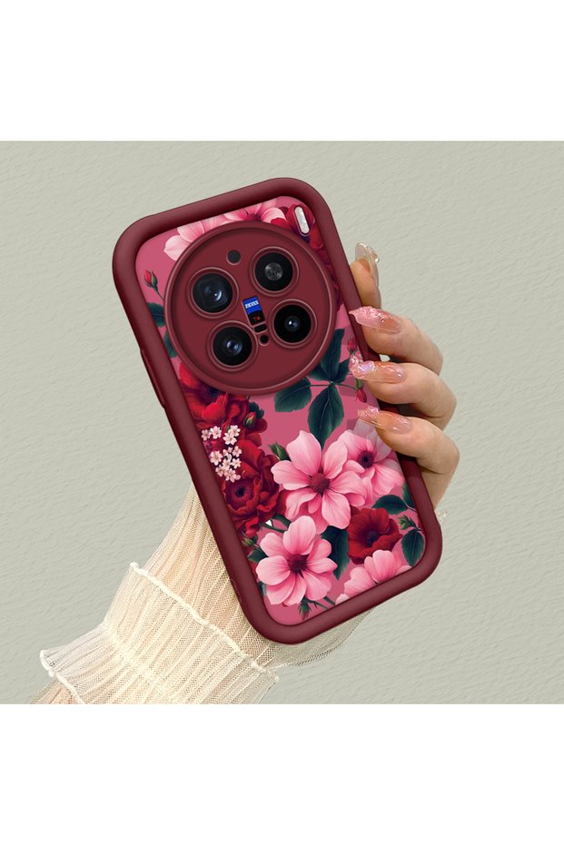 Vivo X200 Pro Compatible Pink Ground Vivid Color Flower Pattern Shockproof Silicone Case