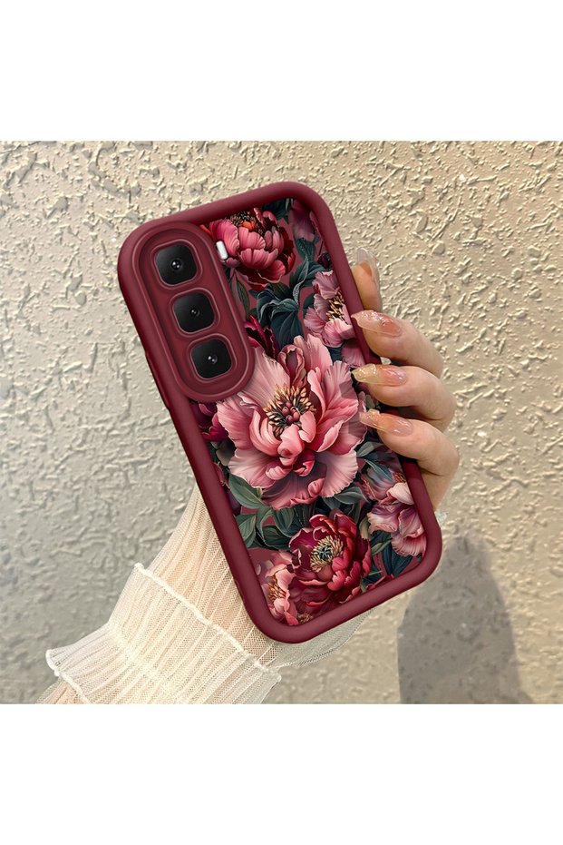 Infinix Hot 60I Compatible Stylish Burgundy Frame Nostalgic Peony Pattern Daily Use Protective Case