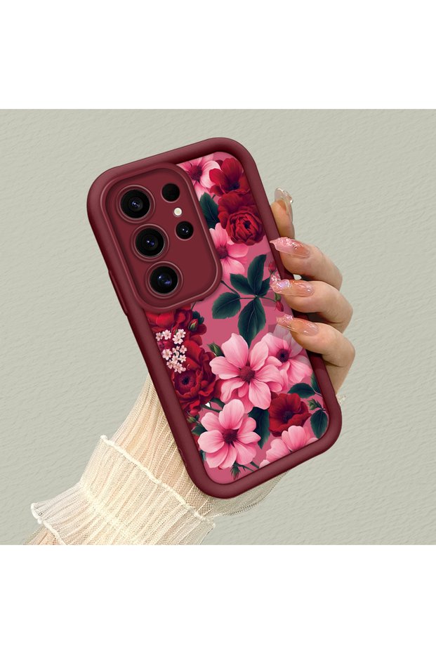 Samsung Galaxy S25 Ultra Compatible Pink Ground Vivid Color Floral Pattern Shockproof Silicone Case