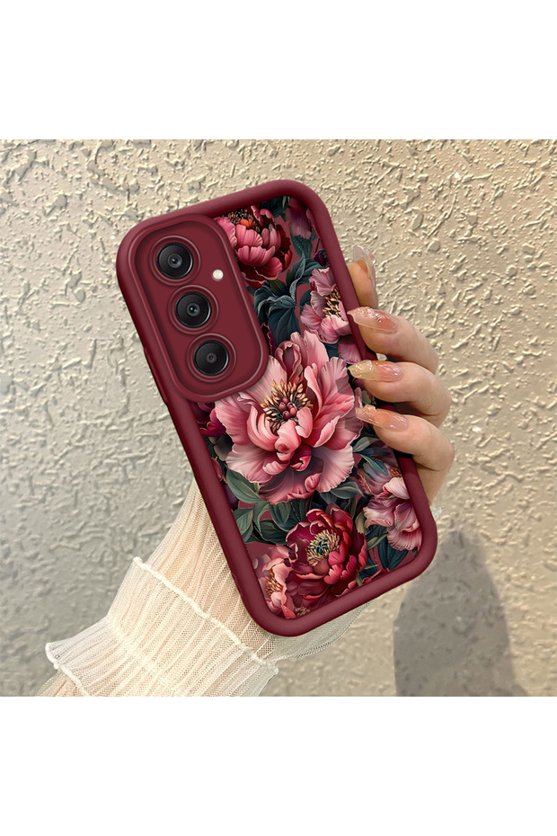 Samsung Galaxy A24 Compatible Stylish Burgundy Frame Nostalgic Peony Pattern Daily Use Protective Case