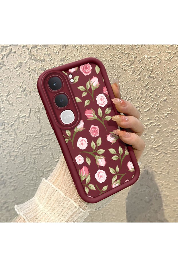 Vivo Y31/Y21D Compatible Burgundy Background Roses Flower Pattern Soft Silicone Shockproof Case