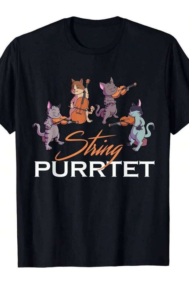 تي شيرت String Purrtet Cat Playing Violin Cello Kitty Classic Music للرجال والنساء