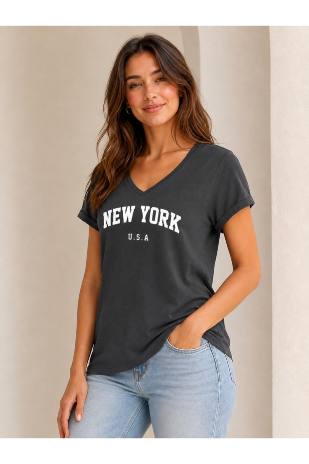 Women's V-Neck New York U.S.A Printed 100% Cotton T-Shirt
