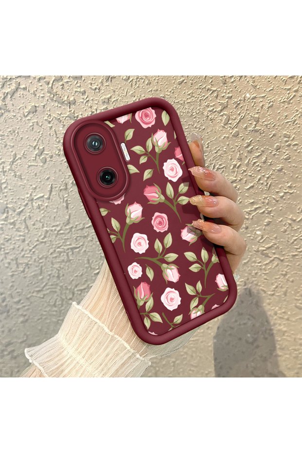 Poco F7 Compatible Burgundy Background Rose Flower Pattern Soft Silicone Shockproof Case