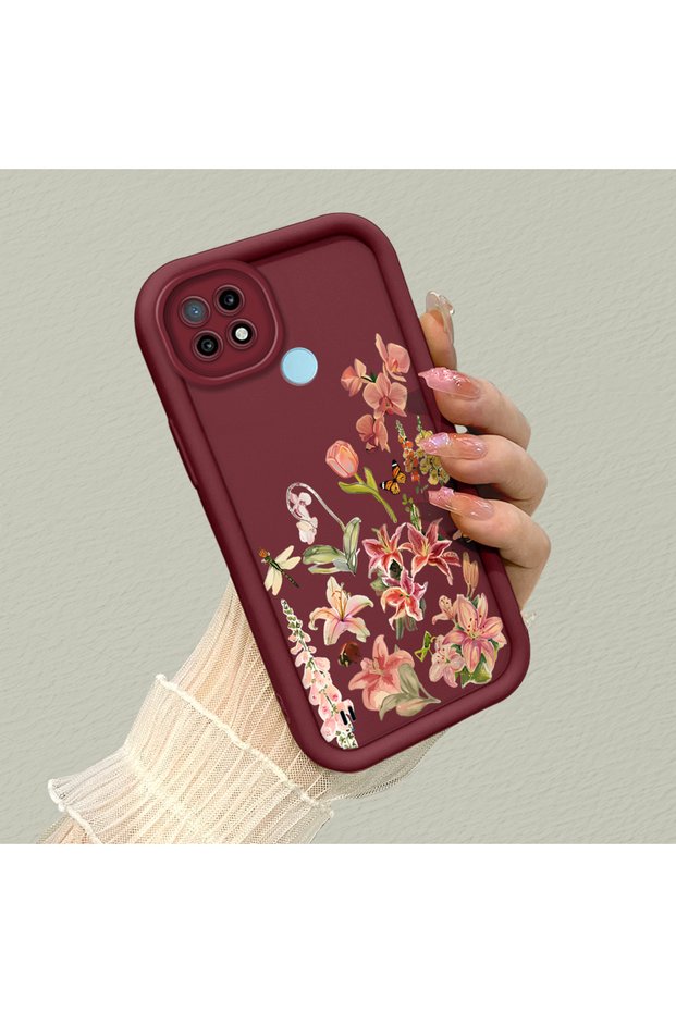 Realme C21 Compatible Bordo Background Rose Flower Pattern Soft Silicone Shock Resistant Case
