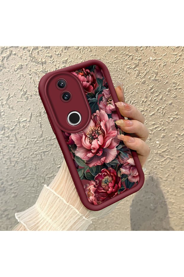 Vivo V50 Compatible Stylish Burgundy Frame Nostalgic Peony Pattern Daily Use Protective Case