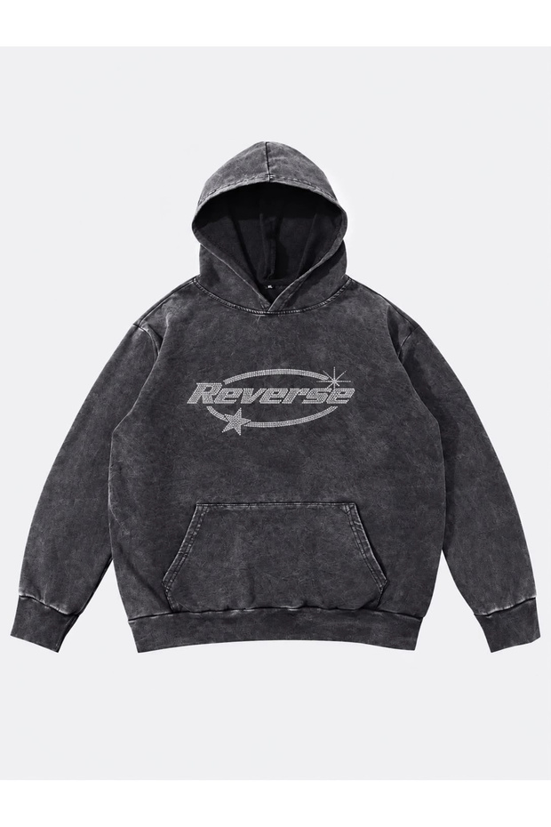 Washable Unisex Oversize Reverse Glitter Stone Printed Sweatshirt