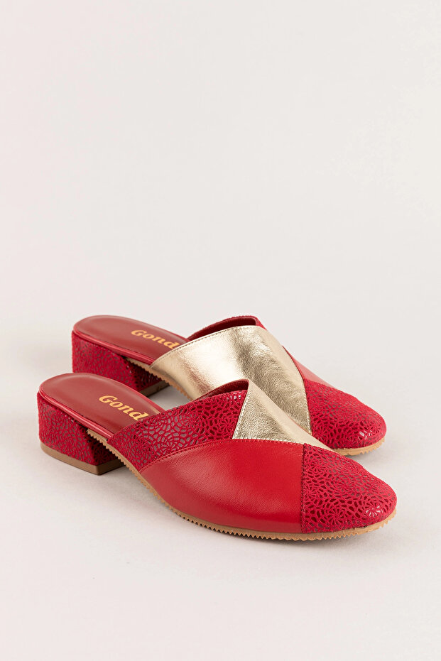 Genuine Leather Stylish Heeled House Slippers Özl.45 Red Combination