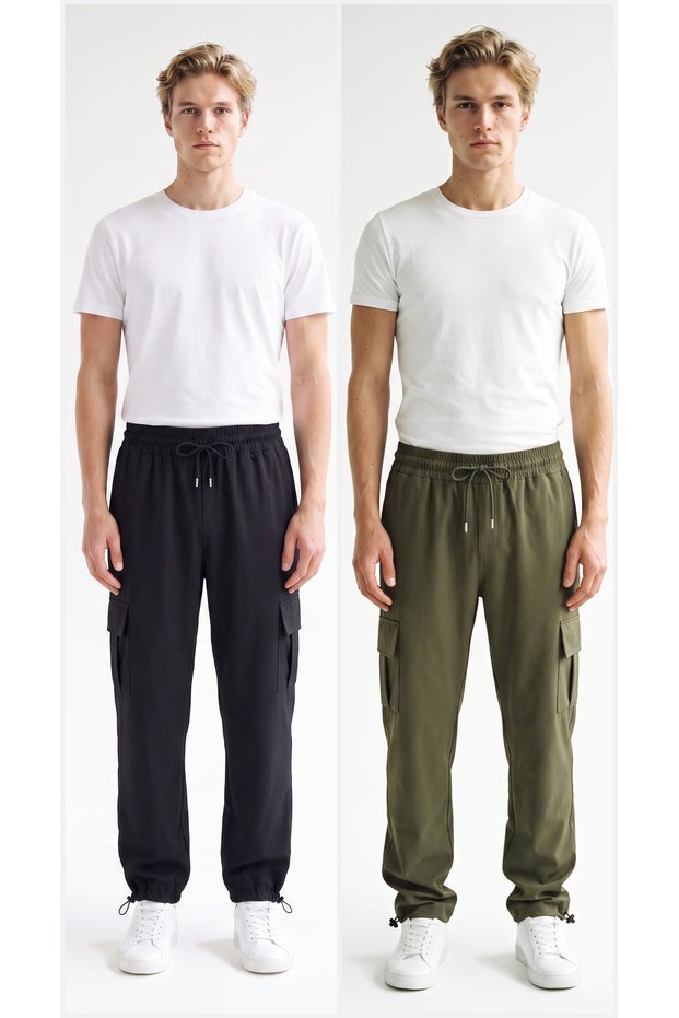 Men's 2-Piece Parachute Fabric Baggy Trousers with Commando Pockets, Wide Legs, Comfortable Fit
