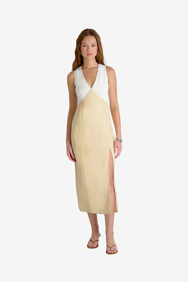 Women's Summer White-Ecru Cooper Linen V-Nck Midi Dress