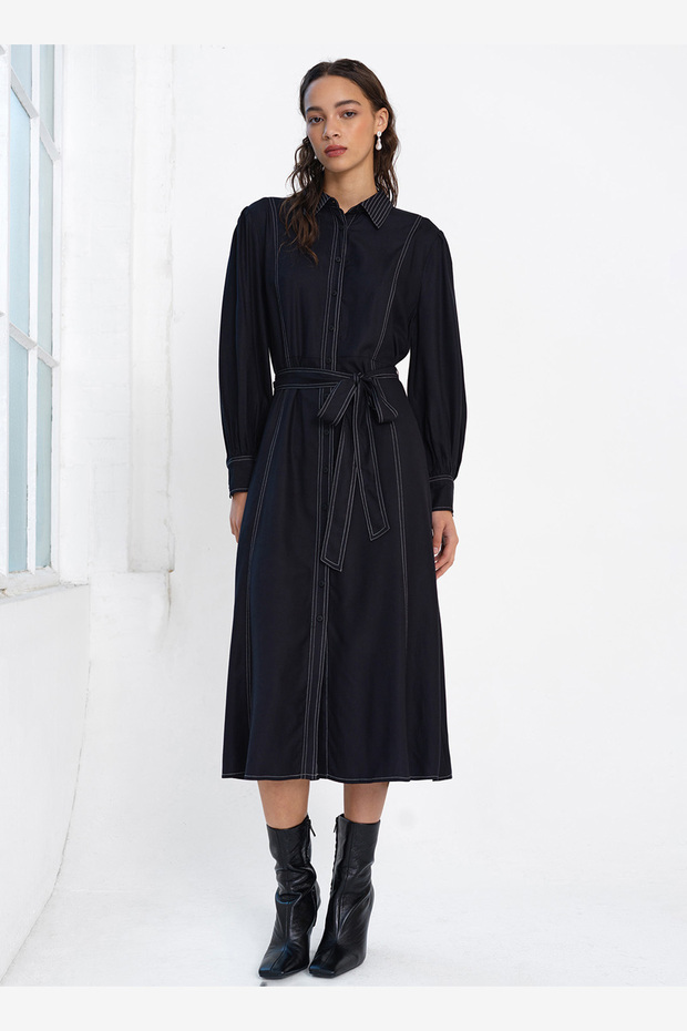 Women's Black/Porcelain Crea Rochelle Viscose Midi Shirt Dress