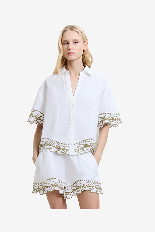 Women's Linen White/Sage Alissa Cotton Trim Shirt