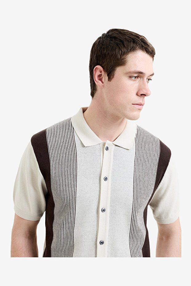 Men's Chocolate Brown/Ecru Ss Button Through Stripe Polo T-Shirt