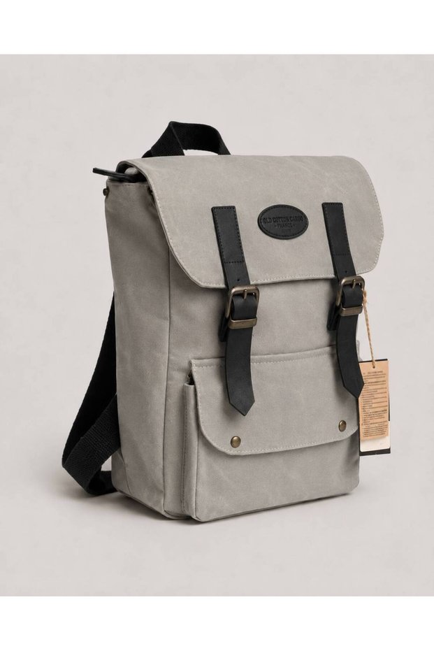 Gray Canvas Backpack with Laptop Compartment, Leather Detailed Daily School and Work Bag, 42X30X13 cm