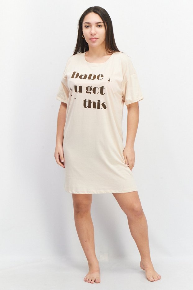 Women Round Neck Short Sleeve Graphic Print Sleepwear Dress, Beige Combo
