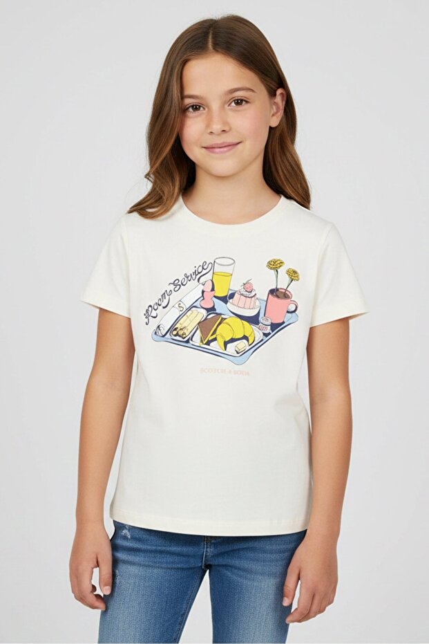 Kids Girl Crew Neck Short Sleeve Graphic Print Top, Cream