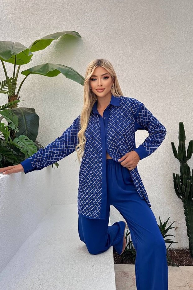 Women's Hidden Pocket Stone Embroidered Shirt and Pants Woven Fabric Two-Piece Suit Suitable for Tesettüre
